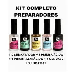 Kit Preparadores Unhas Gel Profissional Alta Fixação 5 Itens Primer Desidratador Prep Top Coat