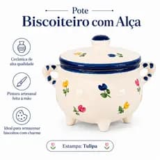 Pote Para Biscoitos Biscoiteiro Com Alça Cerâmica Decorada Artesanal Bolachas E Bombons Mesa Cozinha