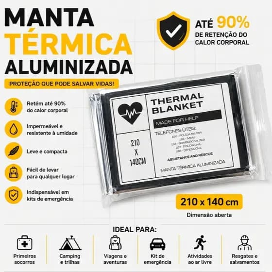 Cobertor Manta Térmica Aluminizada de Emergência 210 x 140 cm 1/2/3/5 – Isolamento EPH  Resgate  Camping  Sobrevivência