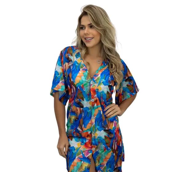 Saída De Praia Aberta Estilo Camisa Kimono Estampado Coleção 2024