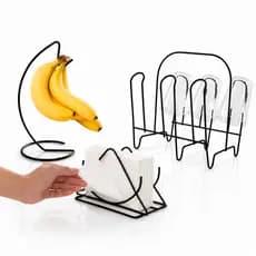 Kit Organiza Cozinha Conjunto Bonito Gancho Banana + Suporte Guardanapo + Escorredor De Copo Preto Presente Dia Das Mães
