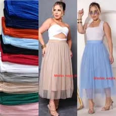 Saia Tule De BRILHO Midi forrada Lisa Brilhosa Moda Modesta Evangelica Executiva moda verao