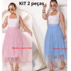 Kit 2 SAIA Tule de Brilho midi forrada lisa Brilhosa Moda Modesta Evangelica moda verao