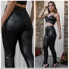 calça legging cintura alta de couro/ciree PRETO E VINHO-botão de enfeite - bolso atrás/p m g gg