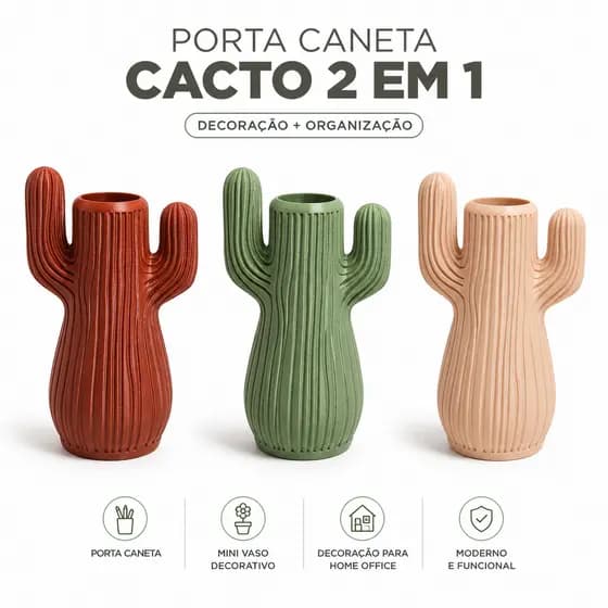 Porta Canetas Cacto Organizador De Mesa Escritório Setup Gamer Decorativo Vaso
