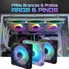 Kit 1 a 2 Cooler Fan Ventoinha 120mm Preta e Branca ARGB RGB 6 Pinos Silencioso uso em controladoras