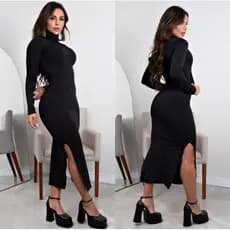 vestido manga longa preto vestido gola alta manga longa preto vestido preto fenda lateral vestido preto inverno