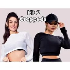 Kit 2 top Cropped Manga Longa Tela Fitness Feminina Look Academia Estiloso kit cropped manga longa preto branco