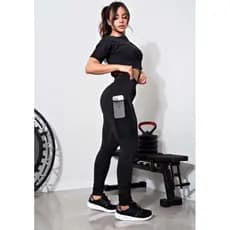 Conjunto Fitness Preto Calça Legging Cintura Alta Cropped Academia conjunto fitness academia preto top manga curta