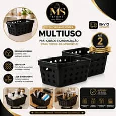 Kit 2 Cestos Organizadores Multiuso Plástico Preto | Organizador para Banheiro, Cozinha, Armário, Geladeira e Lavanderia