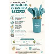 Kit Jogo de Utensílios para Cozinha em Silicone e Cabo de Madeira - 12 Peças
