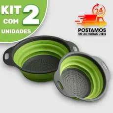 Conjunto Escorredor Dobrável em Silicone Para Frutas e Legumes - Kit com 2 (Verde e Cinza)