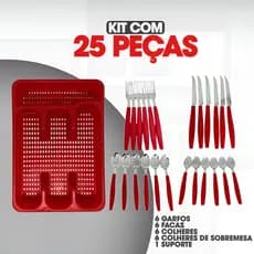 Jogo De Talheres Inox Com 25 Peças + Brinde Suporte Gaveteiro Porta Talher Cozinha Organização Faca Colher