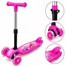 Patinete Infantil Rosa 3 Rodas Com Luz Ajustável Dobrável Freio Traseiro