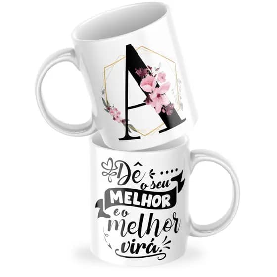 Caneca Personalizada 325ml Xicara com Inicial Nome e Frase Motivacional Presente Mimo Criativo Especial