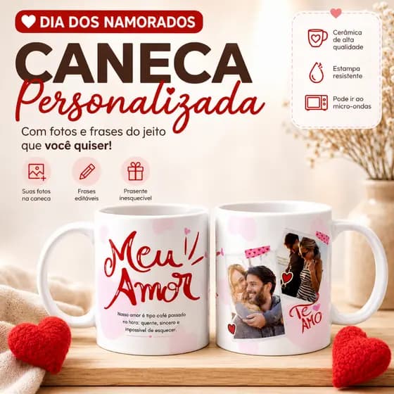 Caneca Personalizada de Casal com Foto e Frase Xícara de Porcelana Presente Romântico Amor Namorado