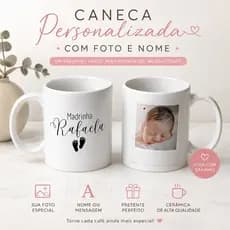 Caneca Personalizada para Dinda e Dindo Nome Frase e Foto Presente Xícara Convite Especial Batismo