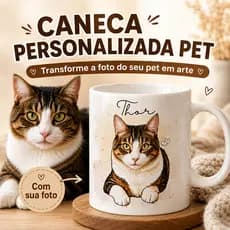 Caneca Personalizada com Foto do Pet Xícara com Caricatura Desenho Cachorro Gato e Nome Presente