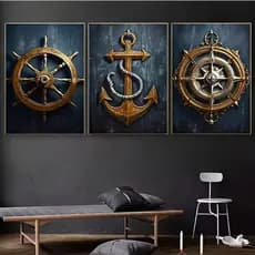 Quadro Decorativo Náutico Rosa dos Ventos Âncora Timão Marinheiro 3 peças para Sala Quarto