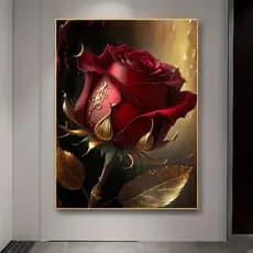 Quadro Decorativo Rosa Vermelha com Detalhes Dourados Arte Elegante para Sala Quarto Resolução 4K