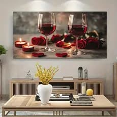 Quadro Decorativo Taças de Vinho com Rosas Vermelhas e Velas – Arte Elegante para Sala ou Quarto