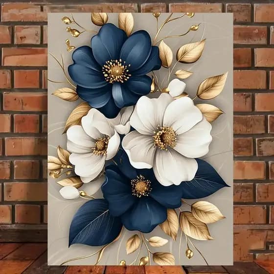 Quadro Decorativo Floral 3D Luxo Flores Azul e Dourado Arte Moderna Delicada Sala Quarto Consultório
