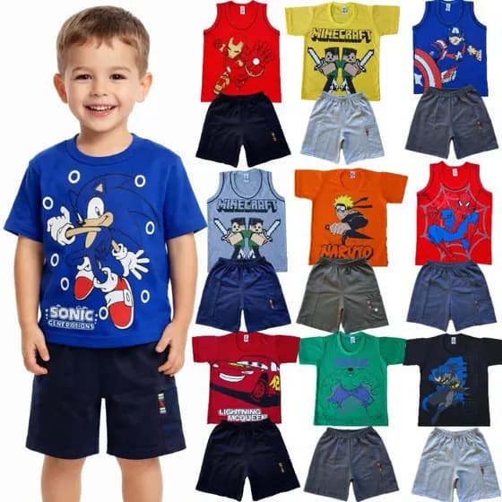 Kit conjunto Infantil Menino – 10 Peças (5 Camisetas + 5 Bermudas) – Variadas
