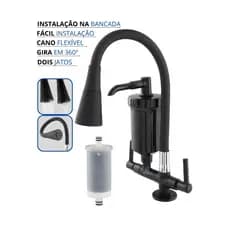 Torneira com Filtro Gourmet Flexível Cozinha Bancada Preta All black c/ Ducha Dois Jatos 1/4 de Volta + Refil