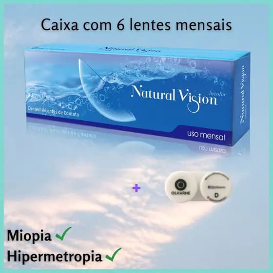 Lente de Contato Incolor Mensal Natural Vision Com Grau Miopia Hipermetropia 6un + Estojo