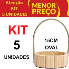 Kit 5 Cestas Fraldeira Oval 15cm Madeira Pinus com Alça para Kits, Presentes e Decoração