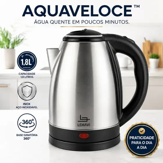 Chaleira Elétrica Inox 1,8L 220V Base Giratória 360° Alta Potência Aquecimento Rápido AquaVeloce