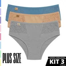 Kit C/ 3 Calcinhas Plus Size Flora Confortável 48 50 52 Calçola Rendada Feminina Cós Alto
