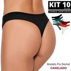 Kit 10 Calcinha Canelada Fio Dental Básica Dia a Dia Feminina Sara Boa Elasticidade