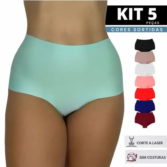 Kit 5 Calcinha Sem Costura Box Laser Feminina Cós Alto Não Enrola Nem Embola Poliamida PROMOÇÃO Bia