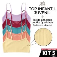 Kit 5 Top Infantil Juvenil Canelado Forro Duplo Sem Bojo Alcinha 4 a 16 Anos Pietra Cores Sortidas