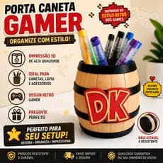 Porta Caneta Gamer Barril 3D DK | Organizador de Mesa Geek Retro | Porta Lápis Criativo Setup Gamer Decoração