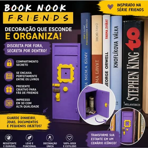 Book Nook Friends Porta Secreto Decorativo | Caixa Oculta Entre Livros | Organizador Série Friends
