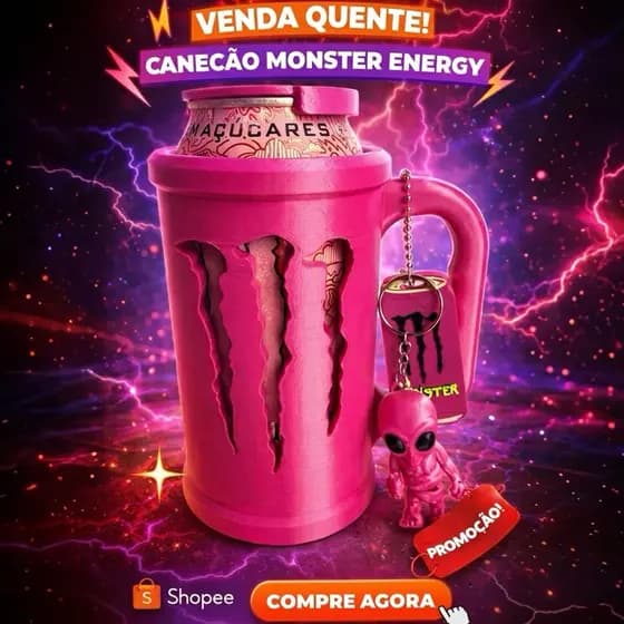 🩷 Canecão Monster Rosa 3D + Brindes | Porta Lata Estilo Monster | Suporte