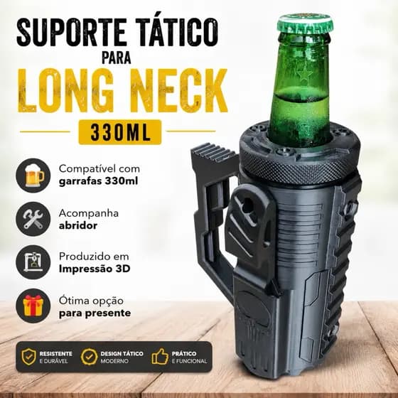 Suporte Long Neck 330ml Estilo Tático + Faquinha Abridor | Impresso em 3D | Porta Garrafa Cerveja