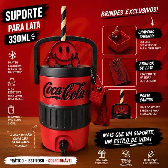 Suporte para Lata 330ml Estilo Coca-Cola + Porta Canudo + Abridor + Chaveiro Caixa de Garrafa | Impressão 3D