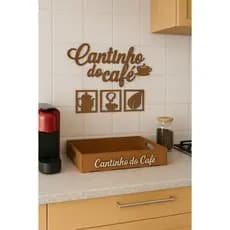 Kit Bandeja Cantinho do Café Marrom em MDF Com Apliques de Parede Decoração Cantinho de Café