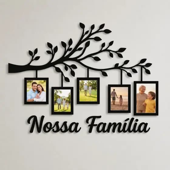 Quadro Arvore da Familia Com Porta Retrato e Frase em MDF Preto Quadro Porta Retrato Decorativo de Sala