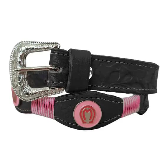 Cinto de Couro Mangalarga Infantil Feminino Country com Aplique Rosa Artesanal