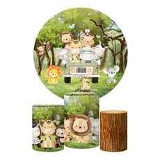 Kit Painel Redondo + Trio Capas Cilindro Safari Aquarela Festa Decoração Tecido Veste Fácil Infantil