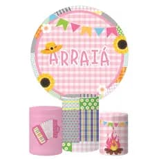 Kit Painel Redondo Tecido + Trio Capas Cilindro Festa Arraia Rosa
