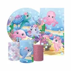 Kit 2 Painéis Casadinho + Capas Cilindro Tecido Sublimado Fundo do Mar Rosa Festa Decoração Veste Fácil