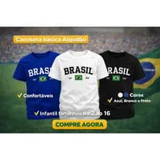 Camiseta Infantil Brasil Copa do mundo 2026 Tamanhos 2 ao 16 Cor Azul Branca Preto Básica Algodão Envio Imediato