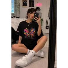 Camaiseta Oversized Feminina Estampada Borboleta Streetwhear Camisetão Menina Algodão