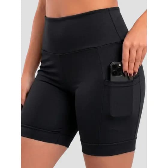 Bermuda Feminina De Corrida Com Bolso Para Celular e Chave Detalhes Refletivos Preto