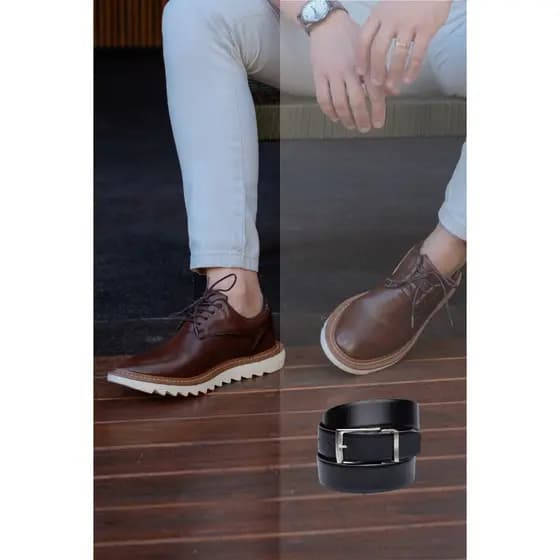 Sapato Social Oxford Luca + Cinto Tratorado Confortável Masculino Social Brogue Moderno Dia dos Pais